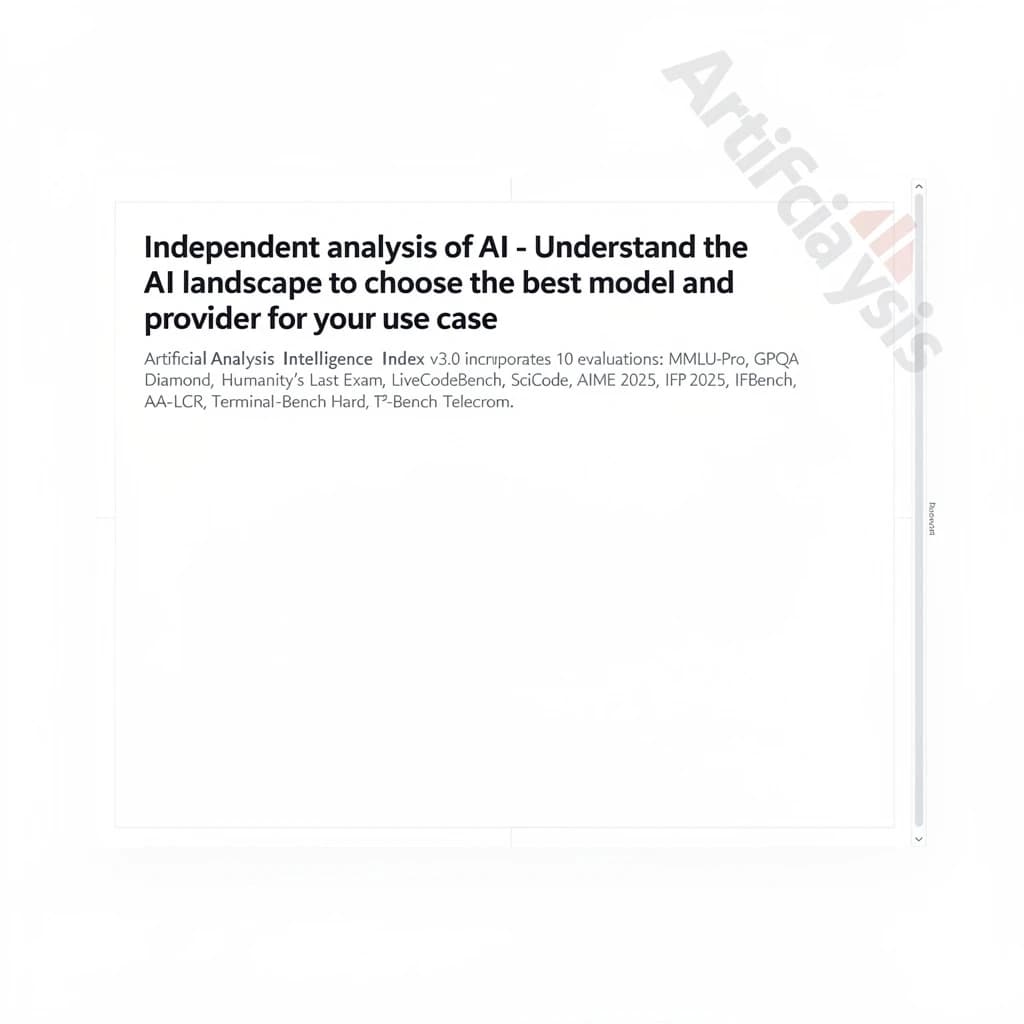 On a white dashboard with thin gray dividers, place a centered header in Helvetica Neue Bold, 20pt: “Independent analysis of AI - Understand the AI landscape to choose the best model and provider for your use case.” Directly beneath, a subheader in smaller Regular weight, 14pt: “Artificial Analysis Intelligence Index v3.0 incorporates 10 evaluations: MMLU-Pro, GPQA Diamond, Humanity's Last Exam, LiveCodeBench, SciCode, AIME 2025, IFBench, AA-LCR, Terminal-Bench Hard, 𝜏²-Bench Telecom.” The header is fully justified but the subheader is left-aligned. In the upper right corner, the Artificial Analysis logo appears watermarked, diagonal, faint gray, partially overlapping the scrollbar.