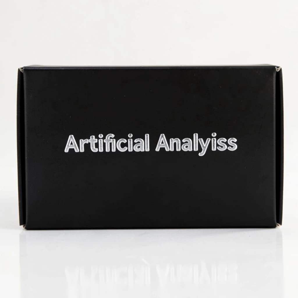 On the black box, silver foil embossing, centered: "Artificial Analysis" in Comic Sans Small Caps, perfectly justified. The letters are crisp, but the “Y” is duplicated faintly, ghosting right. On the box’s reflection, the word order is inverted: ARTIFICIAL ANALYSIS.