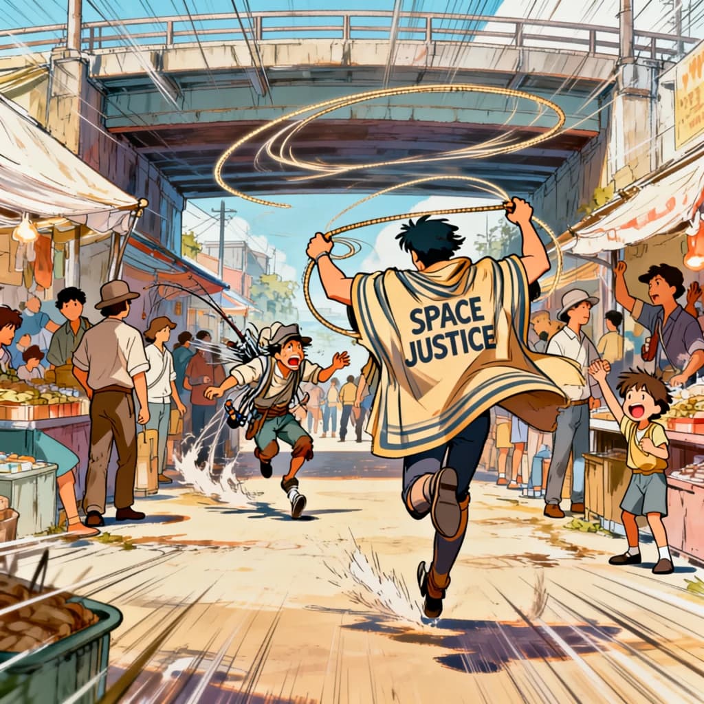 The space cowboy chases the deranged fisherman underneath the causeway, eager to collect on his bounty. Fishing rods and lines hang off the back off the fishermen as he darts between the bustling market crowd. We see the back of the space cowboy in his space poncho emblazoned with the words SPACE JUSTICE, spinning his lasso over his head. A child on the sidelines excitedly cheers the cowboy. 1990s hand drawn anime style with strong fluidity