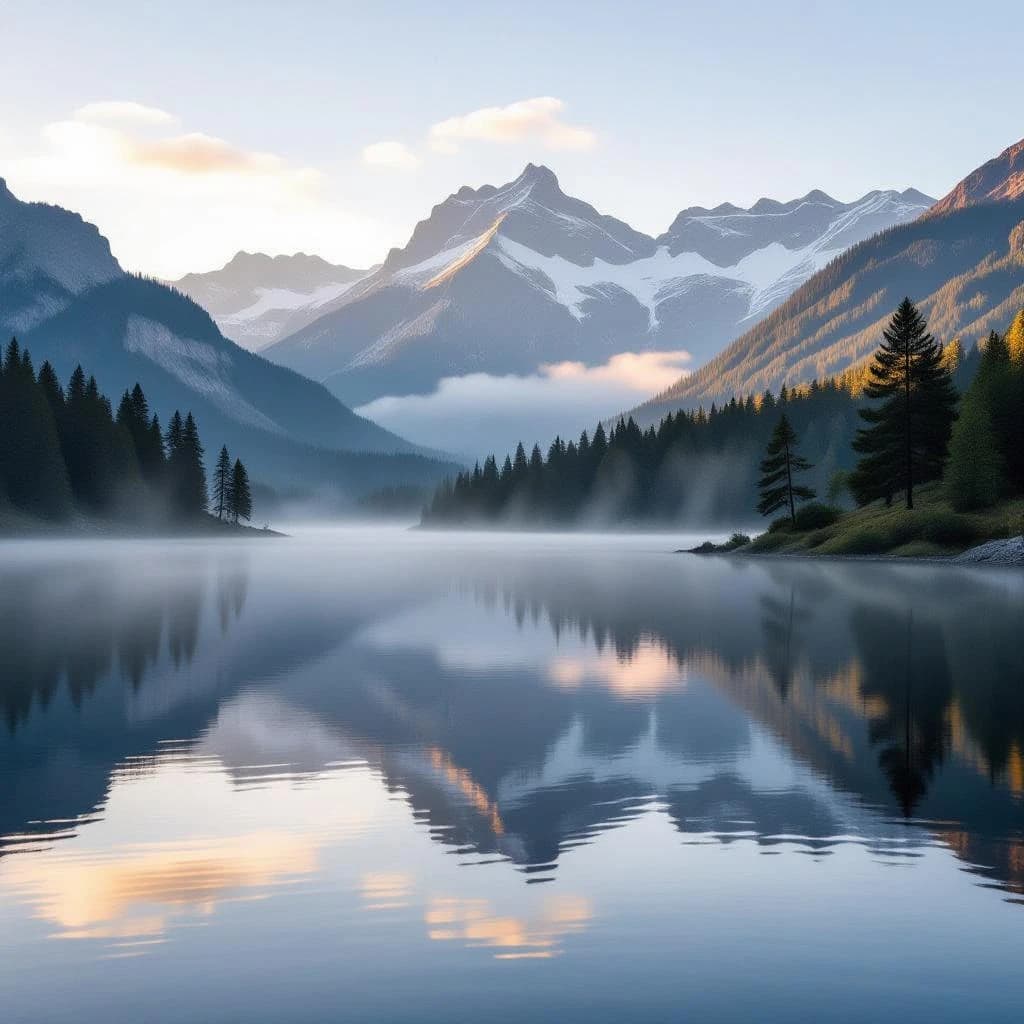 I want a photo of a misty alpine lake at dawn, pines, glassy water, warm light.