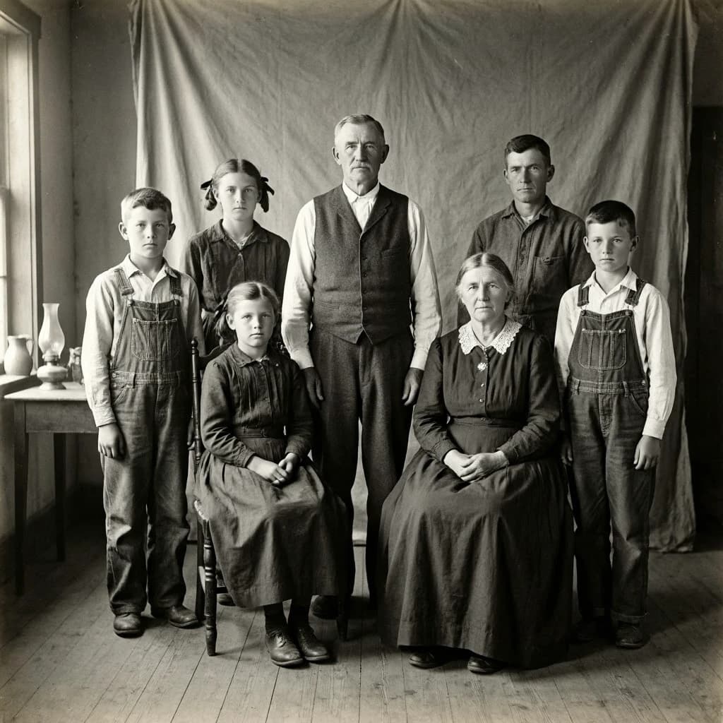 Everybody holds still and nobody smiles for the family portrait. It's 1928 in Kansas