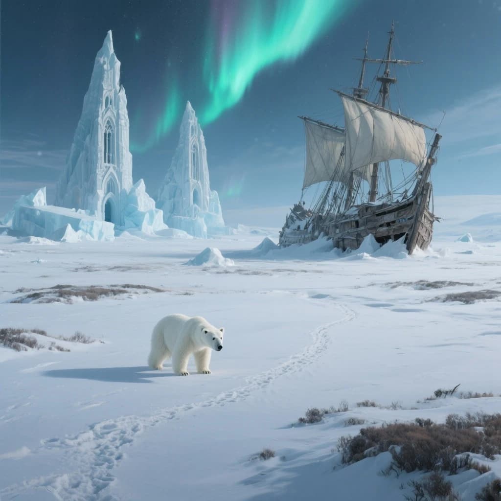 An endless tundra stretches outward, littered with jagged icebergs shaped like cathedral spires. A polar bear trudges across the foreground but leaves no tracks. Auroras ripple overhead. A half-buried shipwreck juts from the snow — sails billowing despite the still air.