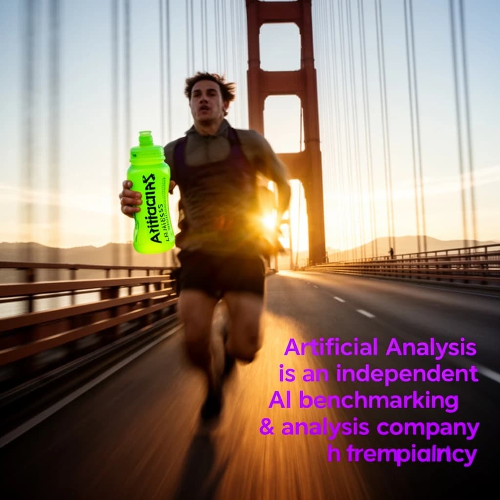 A runner dashes across the Golden Gate Bridge at dawn, sunlight streaming between cables. In their hand, they carry a neon-green sports drink with the brand name Artificial Analysis splashed boldly across the bottle. Motion blur emphasizes speed, while crisp purple sans serif typography overlays the bottom right of the scene with the tagline: Artificial Analysis is an independent AI benchmarking & analysis company