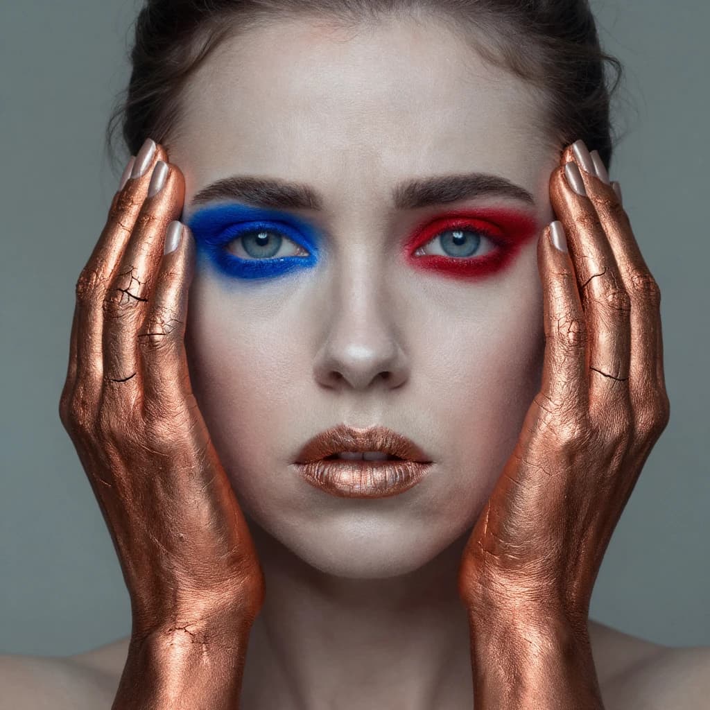 A striking close-up portrait of a woman with cracked metallic copper-painted hands framing her face. Her vivid blue and red eye makeup contrasts sharply with the smooth, pale skin and muted background, creating a bold, surreal composition. She displays an air of uncertainty about her