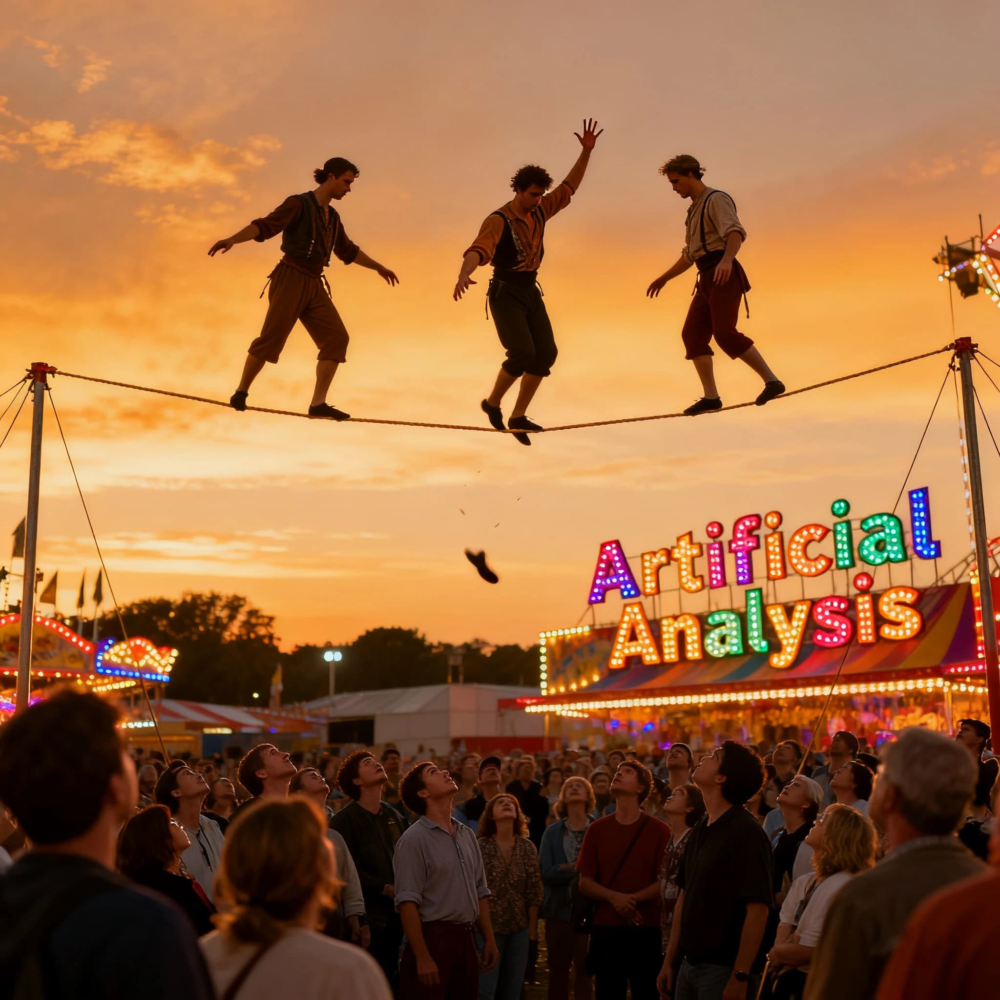 At dusk, high above a carnival crowd, three tightrope walkers balance on a single rope with no aids, one is off balance and grabbing at air. Below, the audience looks upward with baited anticipation. Artificial Analysis is spelled out in the background in carnival lights