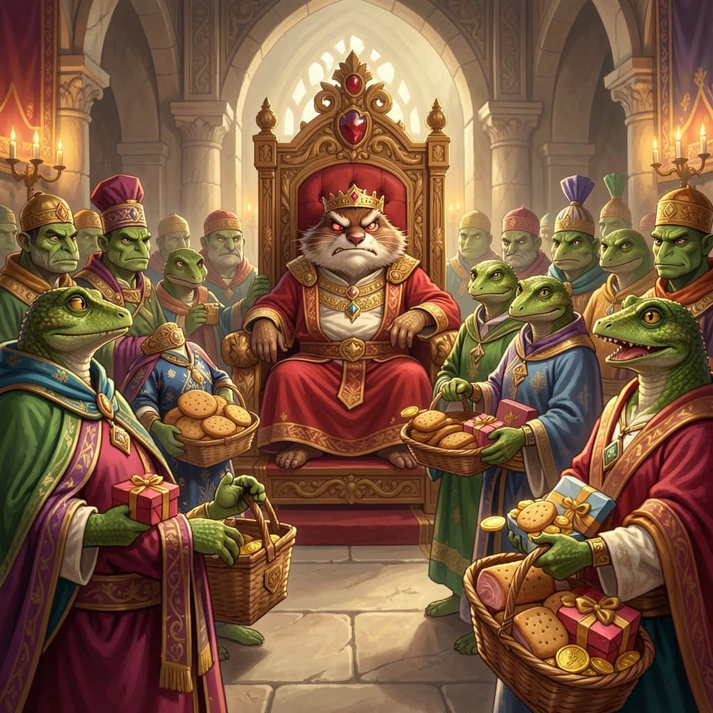 Big Weasel, the tyrannical ruler of the Levitus, slouches on his throne, his mood foul but somewhat brightened by the sight of gifts - a wearisome group of lizard traders adorned in fine silks proceed toward him through the hall with their annual tribute of biscuits, ham and gold - Big Weasel's favourites. Big Weasel's entourage looks on with stern approval.