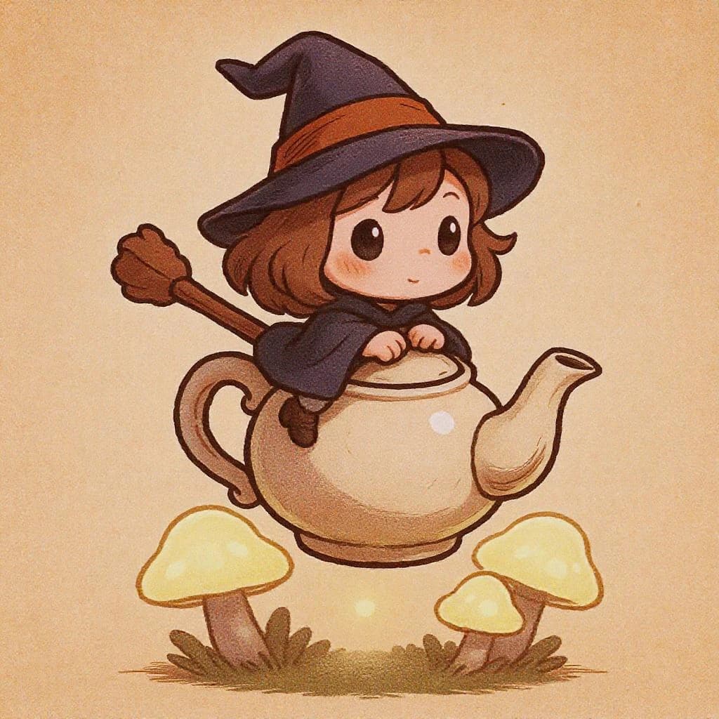 A tiny witch rides a teapot over glowing mushrooms, a bit chibi, thick lines.