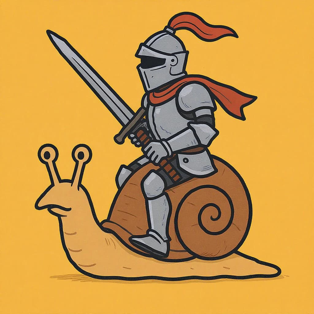 A knight rides a snail, bold lines, flat color.