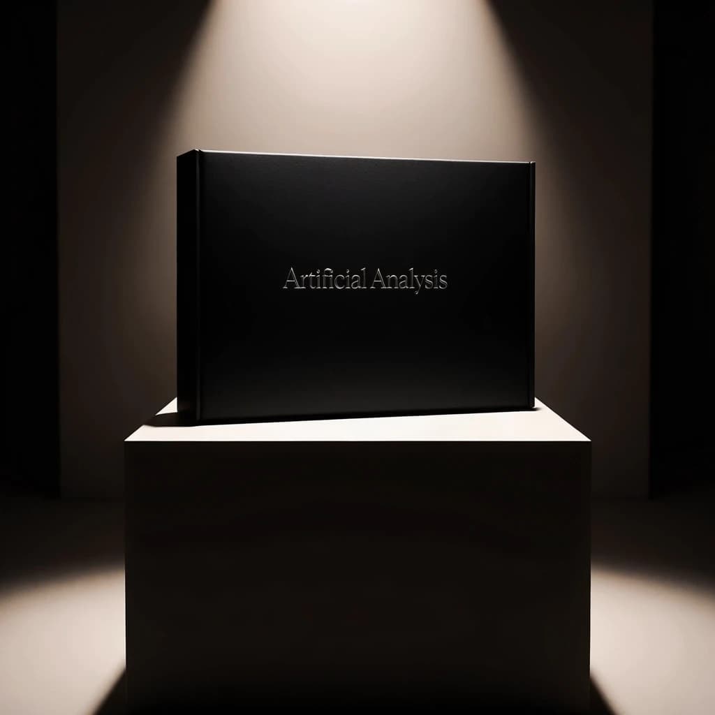A premium matte black laptop-sized box rests on a pure white pedestal within a gallery space. Overhead, a single spotlight carves sharp contrast, leaving the edges in deep shadow. The brand name Artificial Analysis is embossed in silver foil, glinting faintly as though it were jewelry.