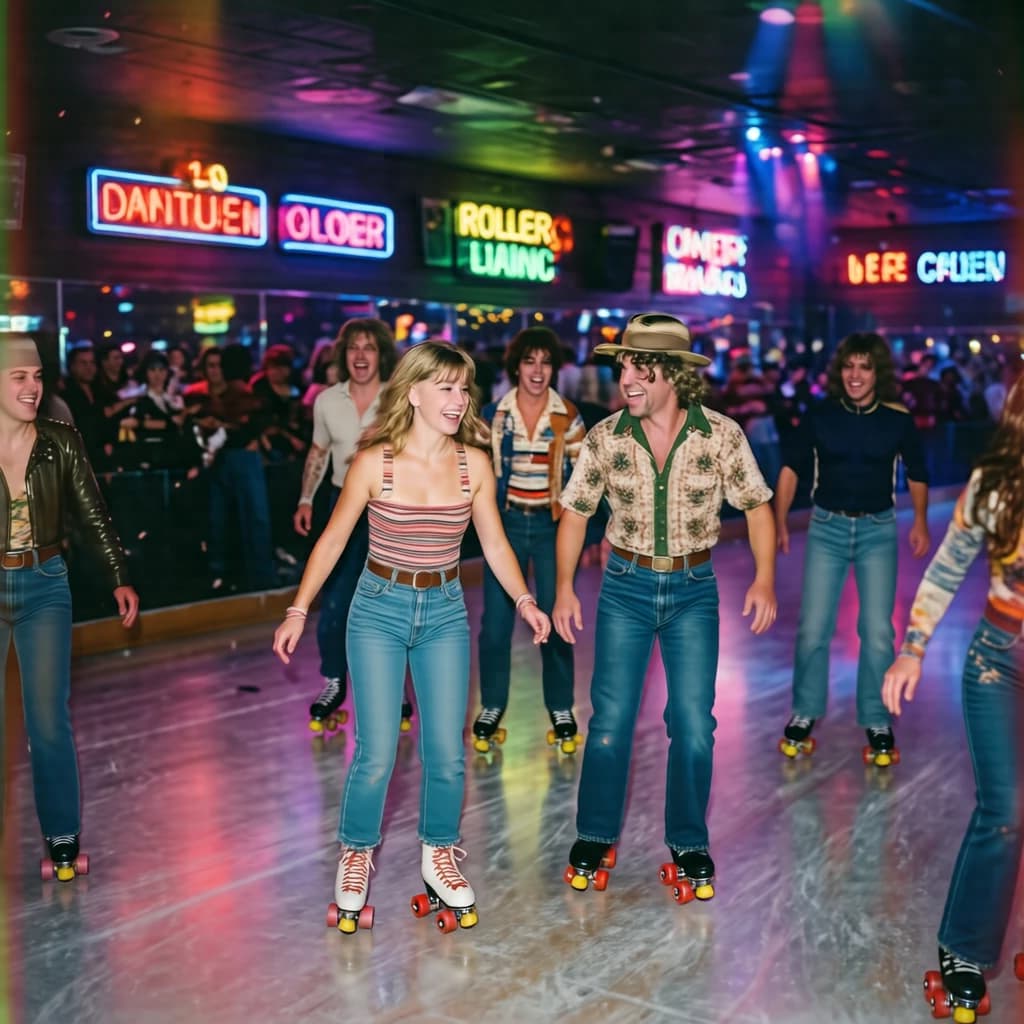 A 1970s roller rink crowd skates under neon, with a bit of fade and film grain.