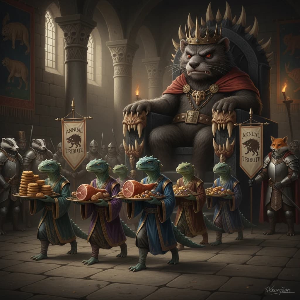Big Weasel, the tyrannical ruler of the Levitus, slouches on his throne, his mood foul but somewhat brightened by the sight of gifts - a wearisome group of lizard traders adorned in fine silks proceed toward him through the hall with their annual tribute of biscuits, ham and gold - Big Weasel's favourites. Big Weasel's entourage looks on with stern approval.