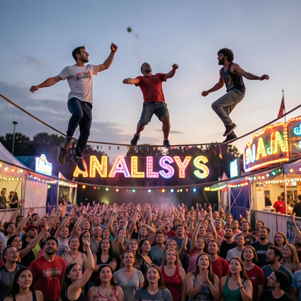 At dusk, high above a carnival crowd, three tightrope walkers balance on a single rope with no aids, one is off balance and grabbing at air. Below, the audience looks upward with baited anticipation. Artificial Analysis is spelled out in the background in carnival lights