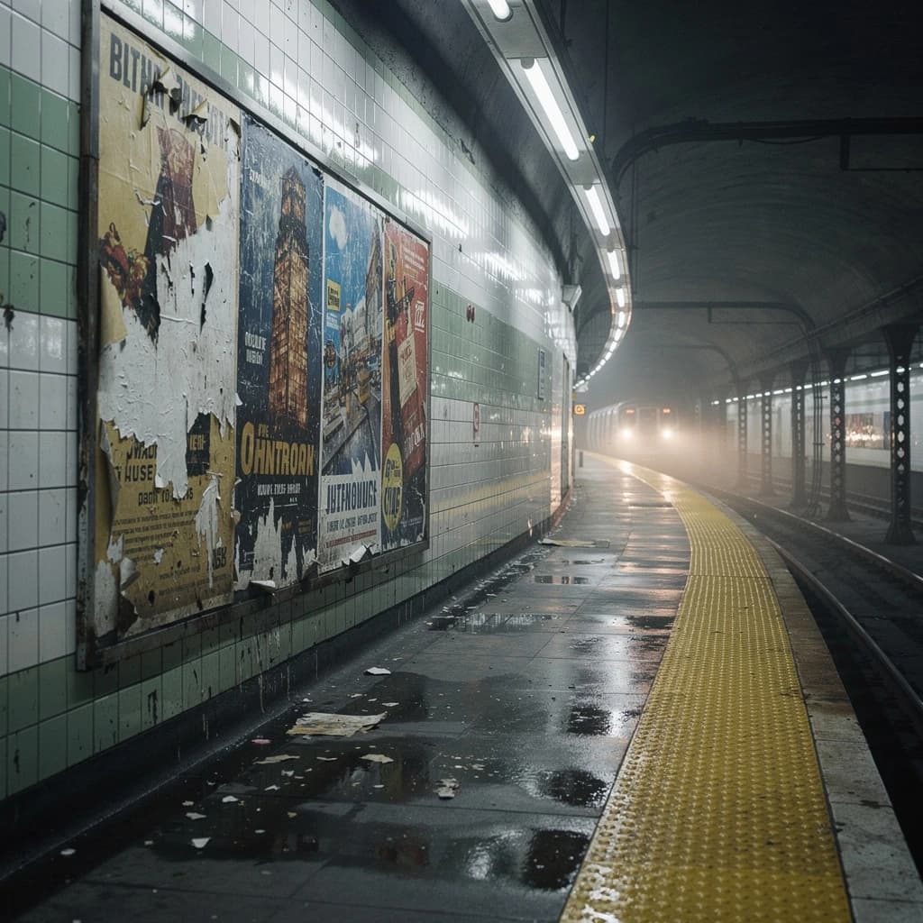 A subterranean subway platform with glossy tiles, peeling posters, flickering fluorescent lights, yellow safety line, and a distant train coming; slightly damp, echoes carry.