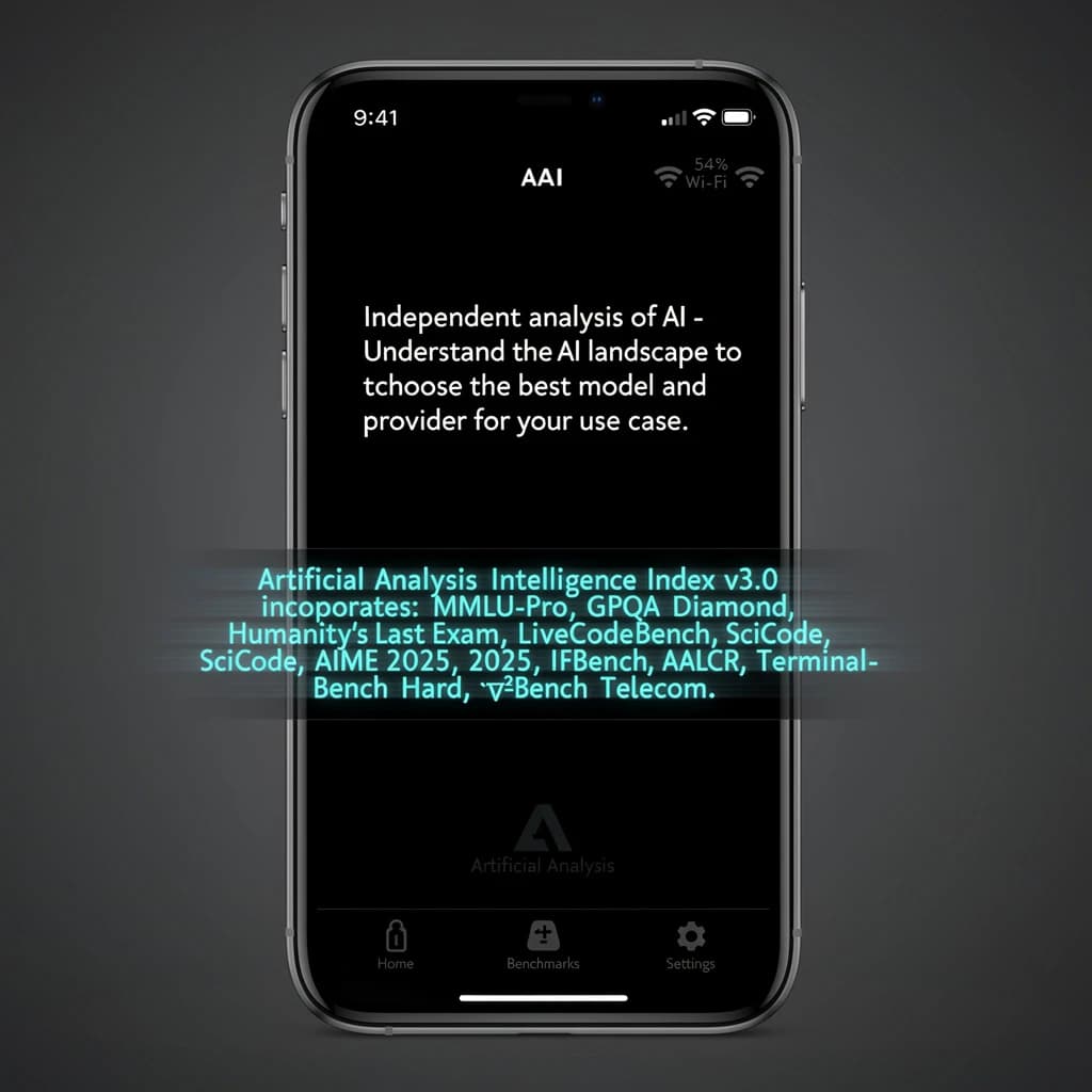 On a black smartphone UI with rounded corners, display a centered text block in white San Francisco font, 16pt: “Independent analysis of AI - Understand the AI landscape to choose the best model and provider for your use case.” Below, in neon cyan, monospace font, smaller size: “Artificial Analysis Intelligence Index v3.0 incorporates 10 evaluations: MMLU-Pro, GPQA Diamond, Humanity's Last Exam, LiveCodeBench, SciCode, AIME 2025, IFBench, AA-LCR, Terminal-Bench Hard, 𝜏²-Bench Telecom.” The second block scrolls horizontally as a ticker. The battery icon in the status bar shows 54%. The Artificial Analysis logo appears faintly, embossed into the bottom navigation bar.