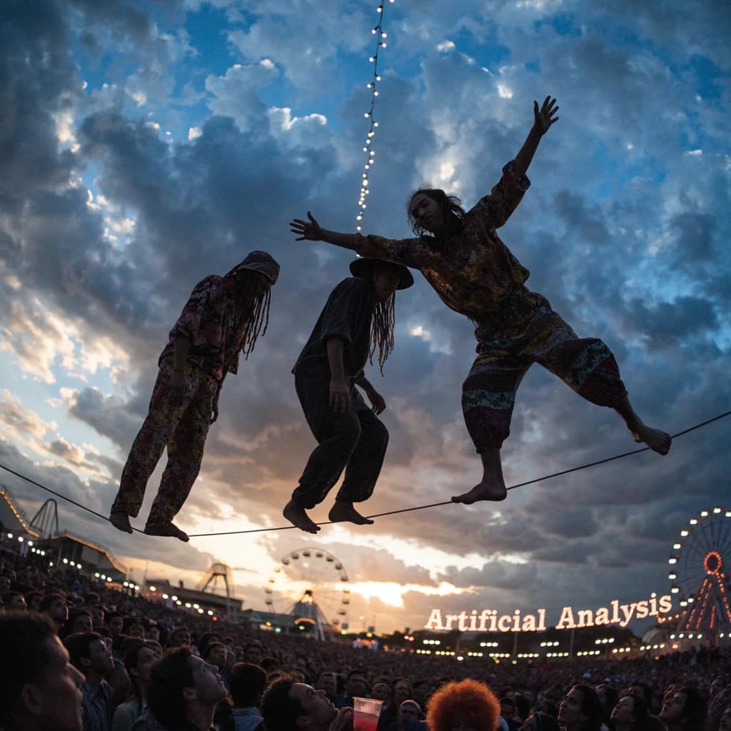 At dusk, high above a carnival crowd, three tightrope walkers balance on a single rope with no aids, one is off balance and grabbing at air. Below, the audience looks upward with baited anticipation. Artificial Analysis is spelled out in the background in carnival lights