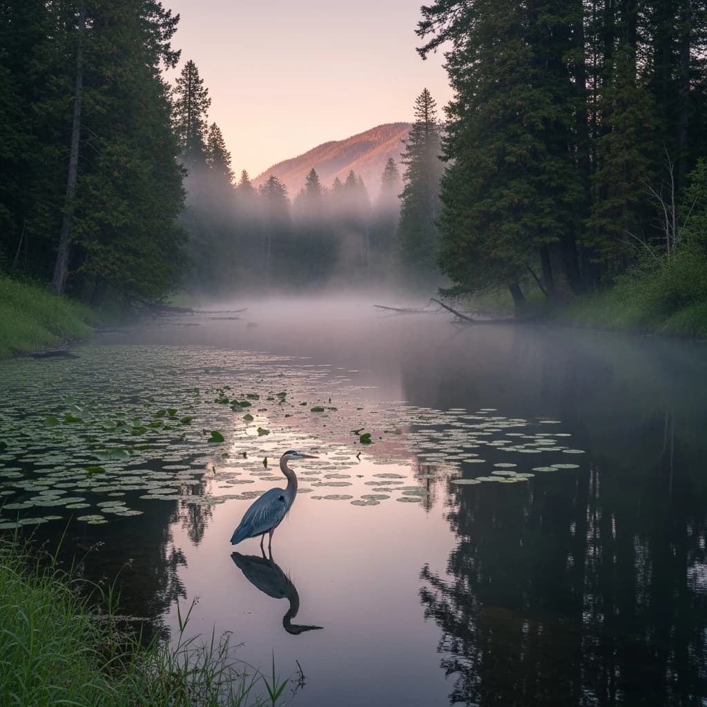 With pre-dawn mist along a cedar forest river and glassy water dotted with lily pads, distant mountains blush pink, and a heron stands still like it forgot what to do next.