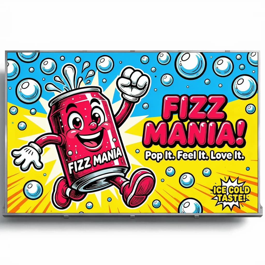 Design a bright soda billboard ad with a bubbly can mascot, thick inky lines.