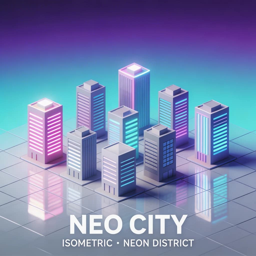 Render an isometric city poster with geometric buildings, neon gradients, gloss highlights, soft AO shadows, clean sans-serif lettering, grid layout, reflections a bit overexposed.