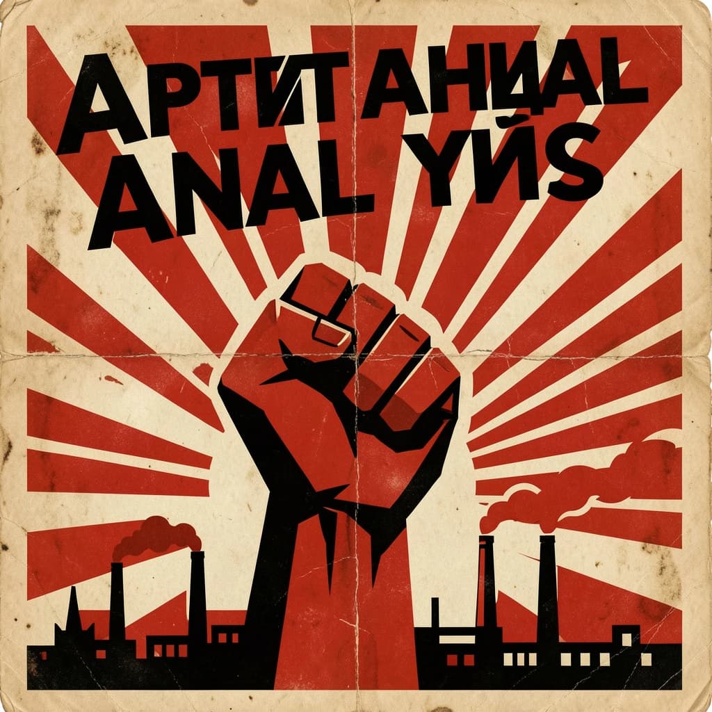 A propaganda poster in stark red, black, and beige. A clenched fist rises in the foreground, rendered with sharp geometric blocks. Behind it, radiating lines stretch upward toward a stylized sun. At the top, bold sans-serif lettering in Cyrillic-inspired type spells out Artificial Analysis, tilted at an angle for emphasis. A factory skyline silhouettes the bottom edge, smoke stacks rising into the background. The texture is rough, printed on aged paper with visible creases and ink bleed. Designed in the constructivist Soviet poster style.