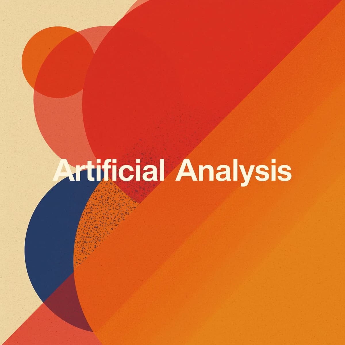 A bold poster composition dominated by flat geometric shapes in crimson, cobalt, and ochre. Overlapping circles and sharp diagonal lines create dynamic tension across the frame. A single sans-serif word — Artificial Analysis — stretches across the center in stark white, distorted slightly as though caught mid-glitch. The background is textured with halftone dots and faint grid lines, while subtle overlays of translucent rectangles suggest depth. Designed in the spirit of modernist Swiss typography fused with digital glitch aesthetics.