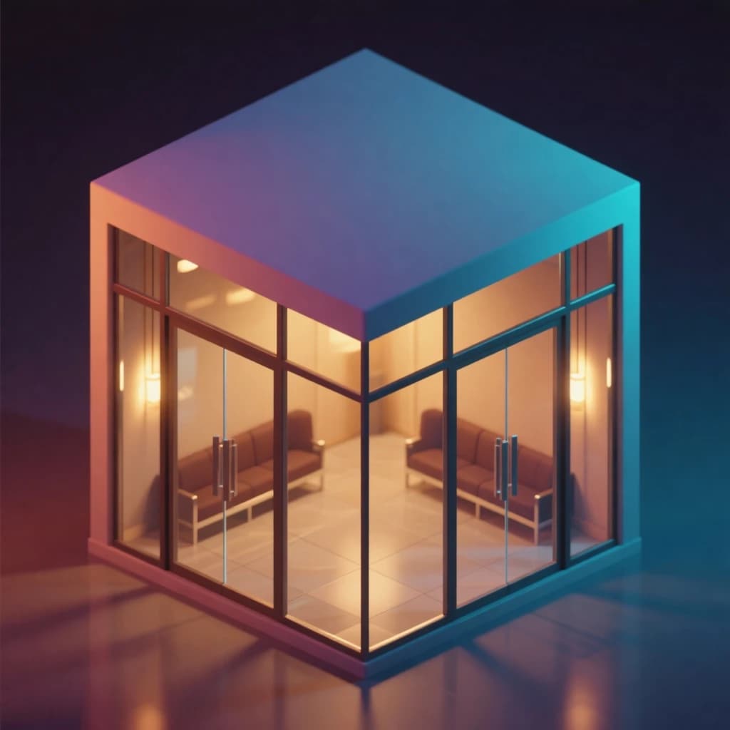 Isometric 3D lobby, glass walls, warm lights, slightly moody, soft shadows.