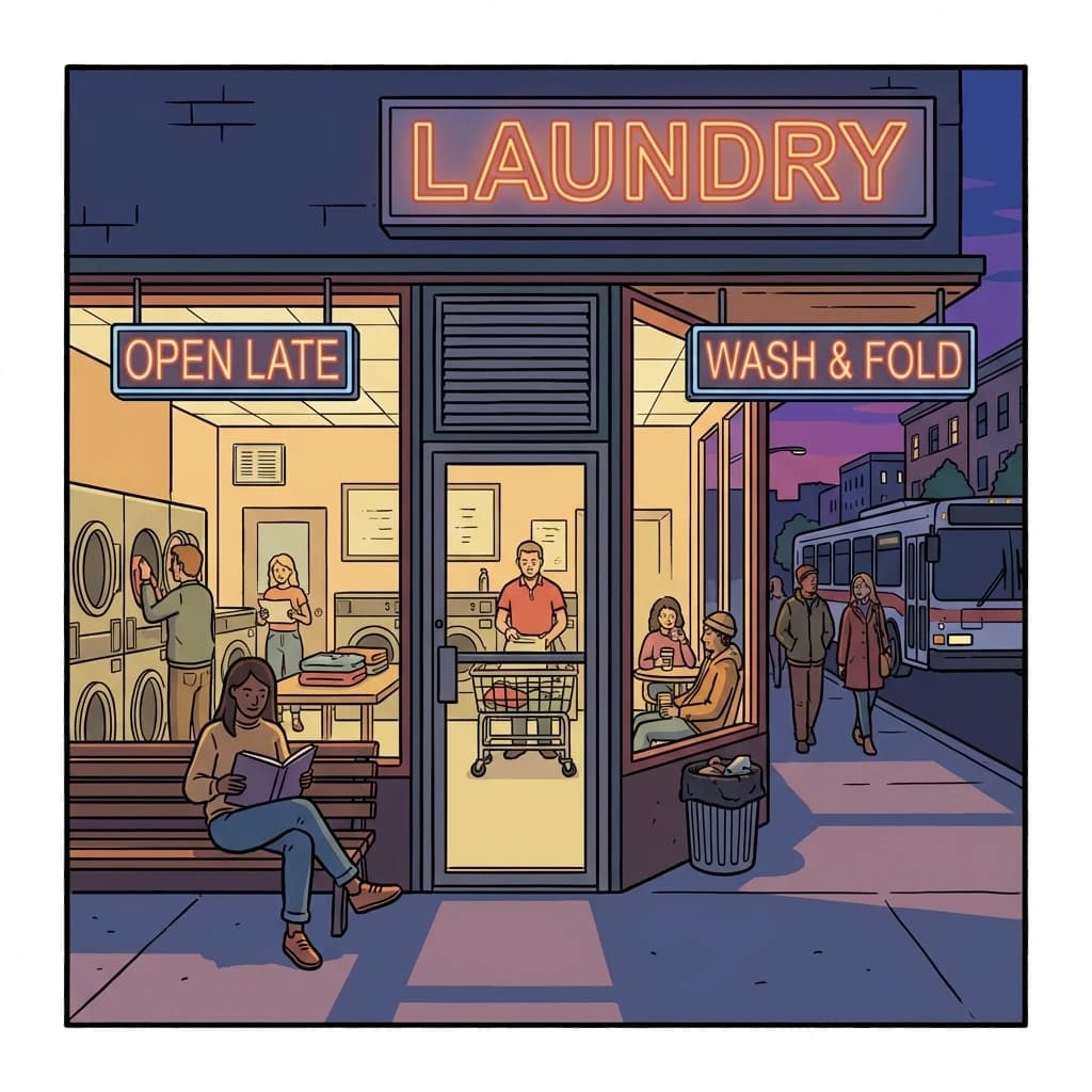 A cozy laundromat at dusk, neon humming, flat colors, bold inked lines.