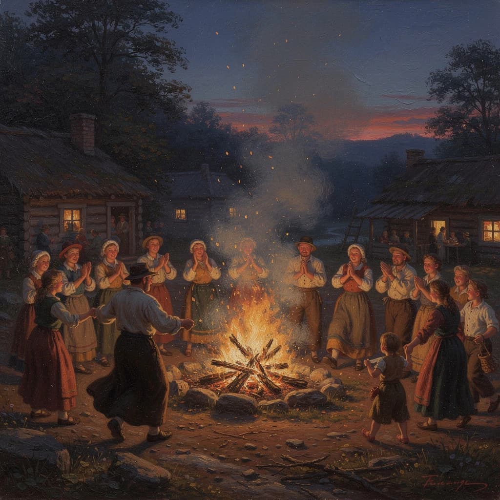 Make an oil painting of villagers dancing by a bonfire at dusk, a bit smoky.