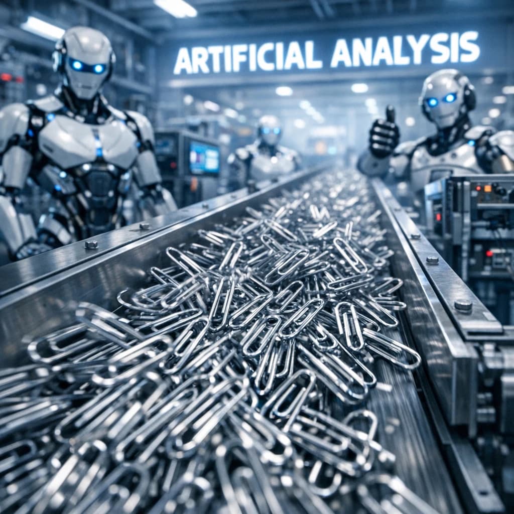Close up point of view perspective on a conveyor belt pumping out paperclips at a maddening pace. The high tech factory has Artificial Analysis printed proudly on the wall. Robot staff look approvingly over the robust output.