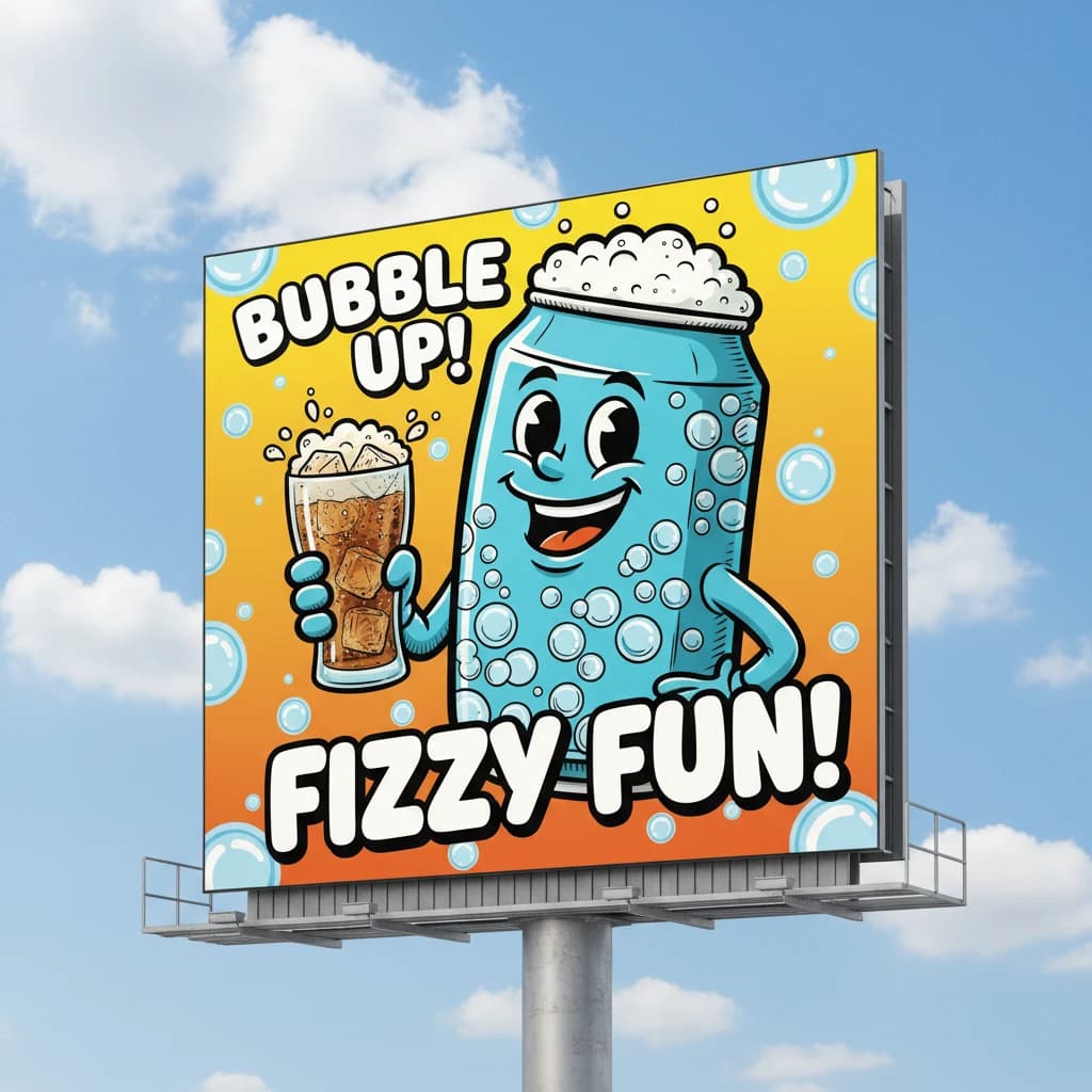 Design a bright soda billboard ad with a bubbly can mascot, thick inky lines.