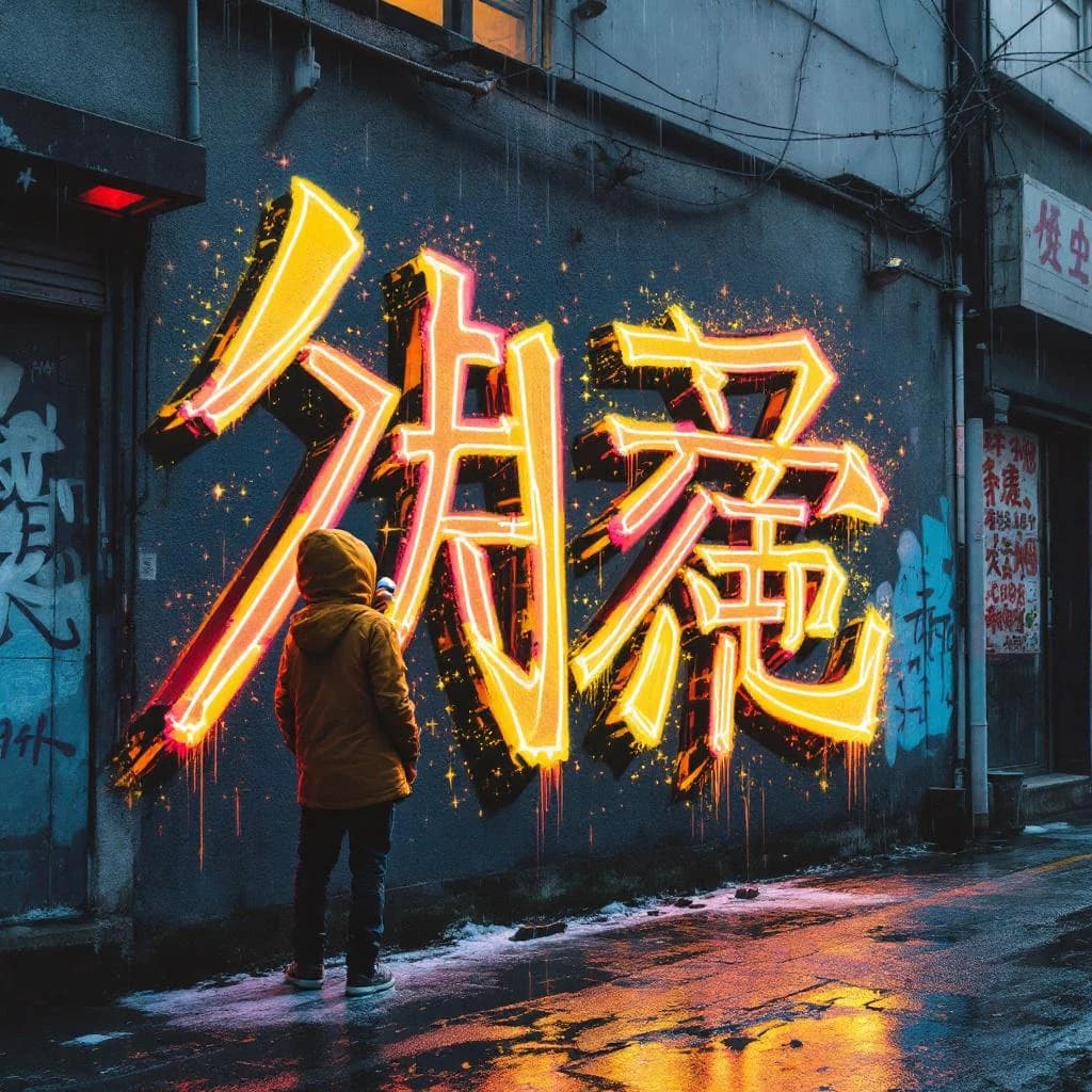 Chibi artist sprays huge neon kanji on a rainy alley wall, with sparkles.