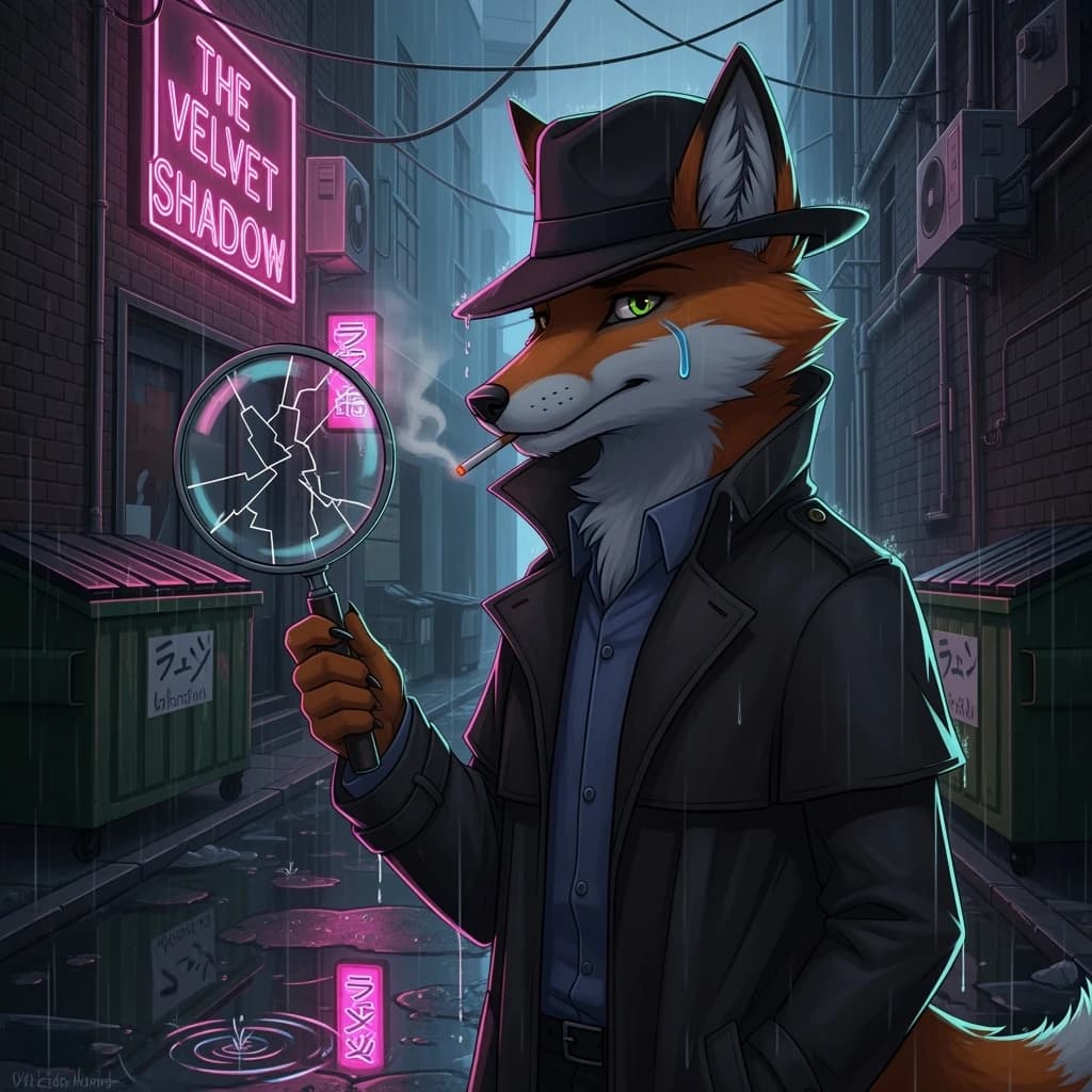 A fox detective stands in a rainy neon alley, bold outlines, flat colors, oversized magnifying glass; a bit moody, puddles reflect signs, raindrops like small dashes.