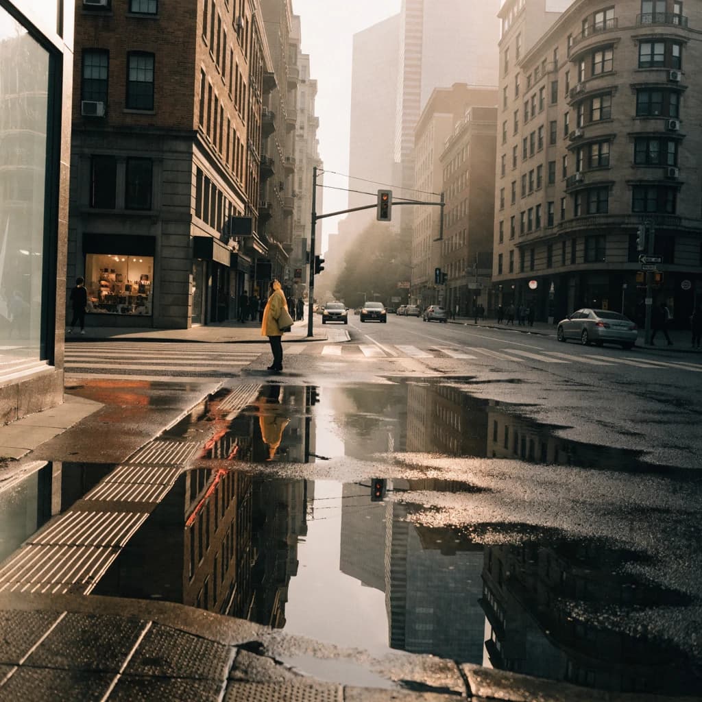 A sunlit city street after rain; puddles mirror neon signs as a woman in a yellow raincoat waits at a crosswalk, soft mist, 50mm look, natural tones, a bit of film grain.