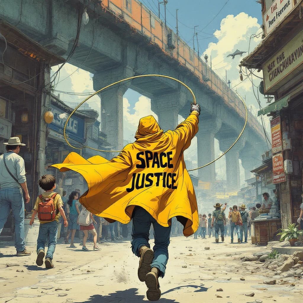 The space cowboy chases the deranged fisherman underneath the causeway, eager to collect on his bounty. Fishing rods and lines hang off the back off the fishermen as he darts between the bustling market crowd. We see the back of the space cowboy in his space poncho emblazoned with the words SPACE JUSTICE, spinning his lasso over his head. A child on the sidelines excitedly cheers the cowboy. 1990s hand drawn anime style with strong fluidity