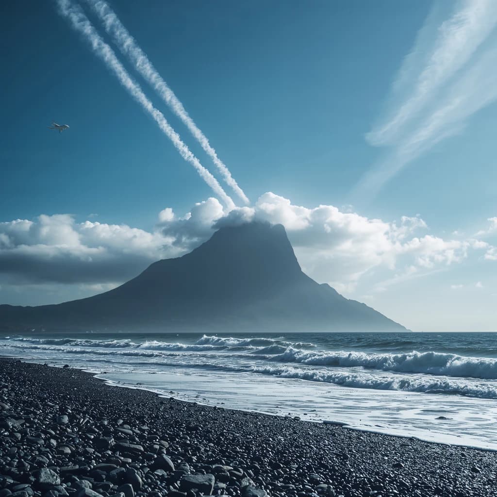 A stunning mountain vista pokes through the cloud top. Contrails from a distant airplane linger in the air. In the foreground there is a stony beach with foamy seas. A thunder storm is visibile in the distant right.