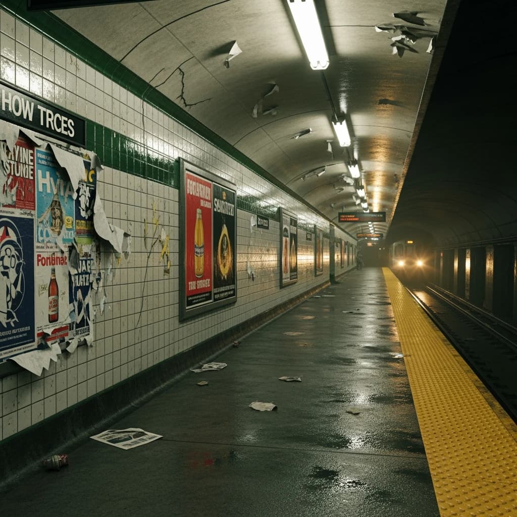 A subterranean subway platform with glossy tiles, peeling posters, flickering fluorescent lights, yellow safety line, and a distant train coming; slightly damp, echoes carry.