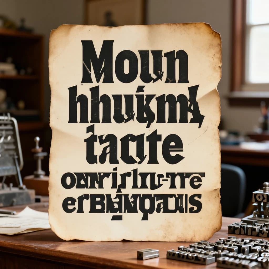 A vintage letterpress poster on a wooden desk: bold slab serif headline, tight kerning, misregistered ink, slightly worn edges, scattered metal type, soft window light.