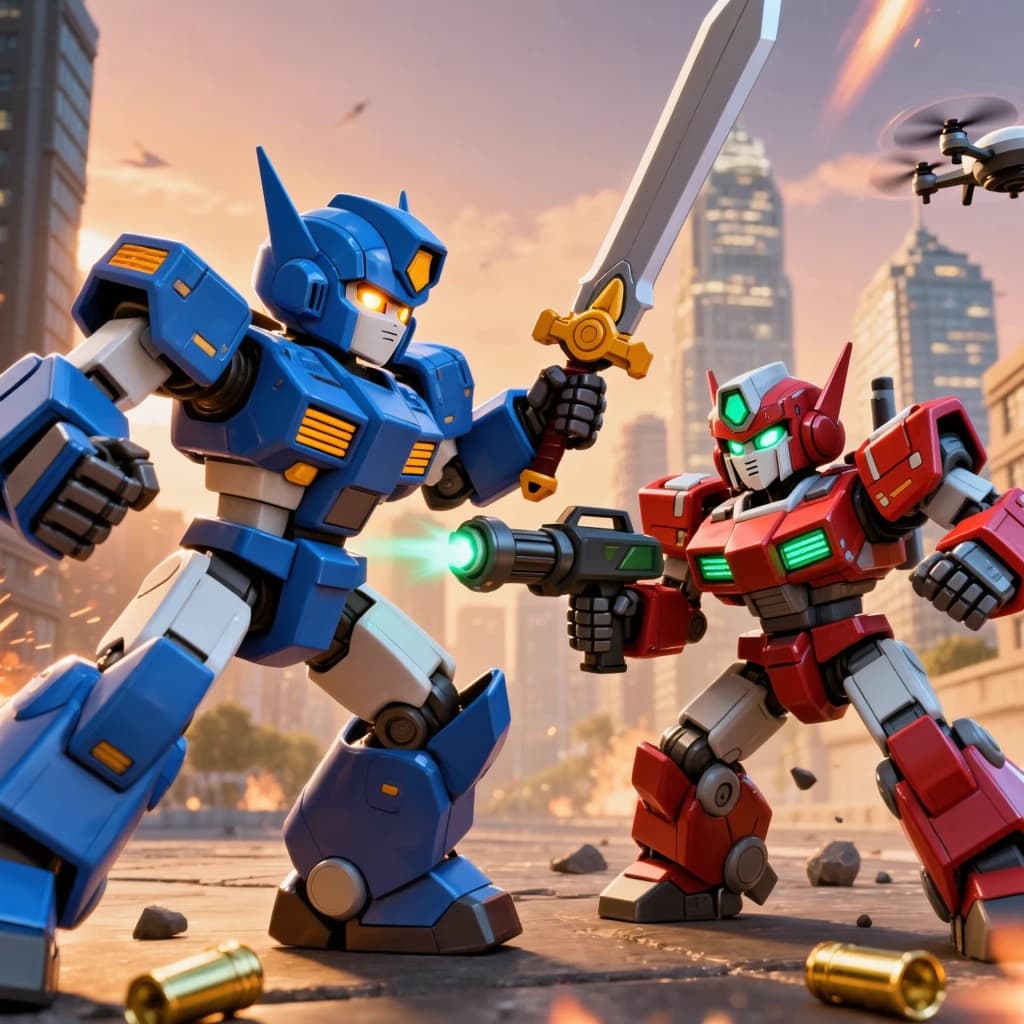 Make a cel-shaded mecha duel at dusk downtown.