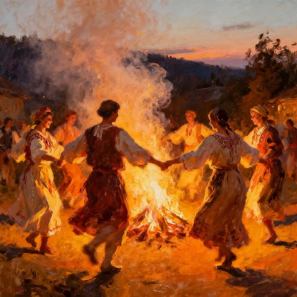 Make an oil painting of villagers dancing by a bonfire at dusk, a bit smoky.