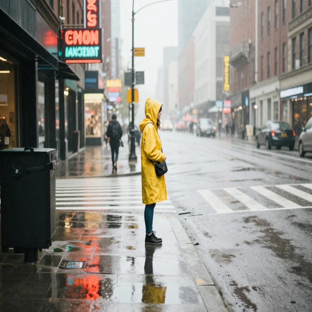 A sunlit city street after rain; puddles mirror neon signs as a woman in a yellow raincoat waits at a crosswalk, soft mist, 50mm look, natural tones, a bit of film grain.