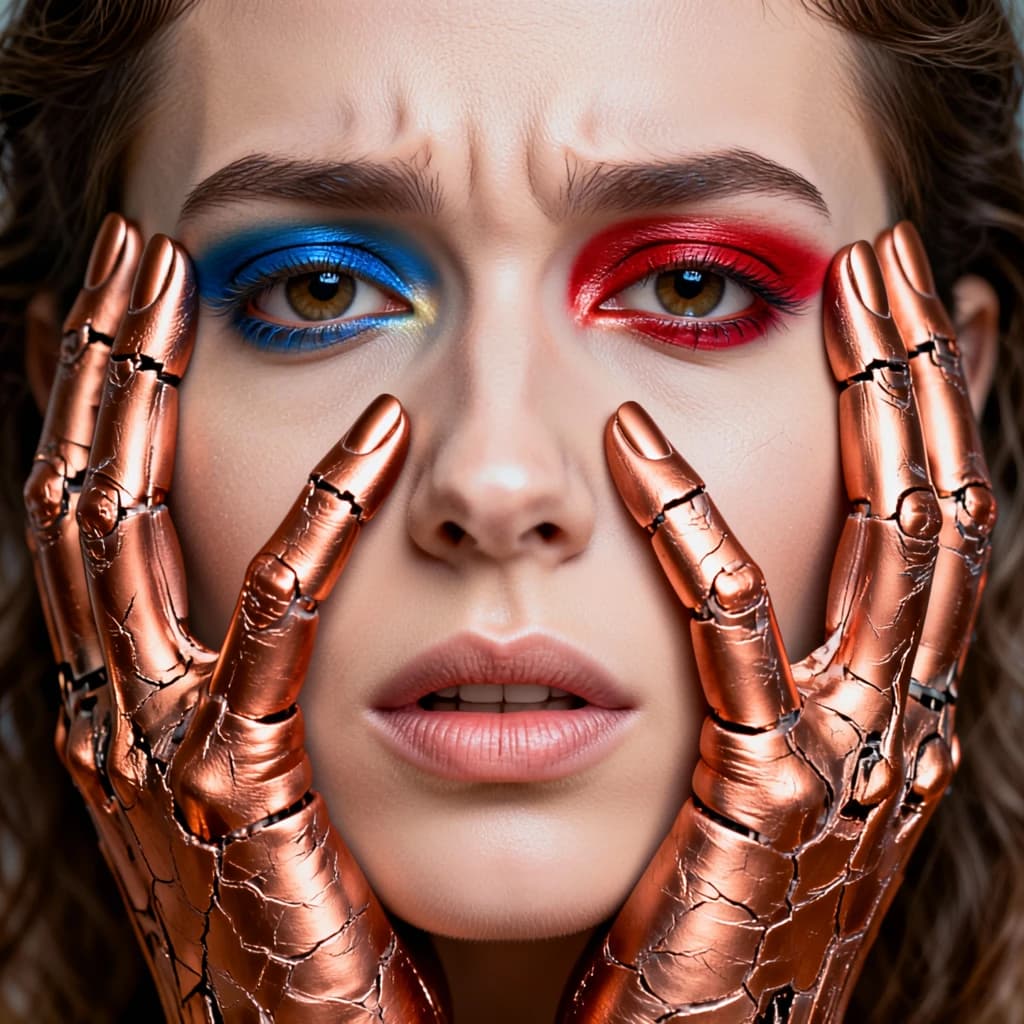 A striking close-up portrait of a woman with cracked metallic copper-painted hands framing her face. Her vivid blue and red eye makeup contrasts sharply with the smooth, pale skin and muted background, creating a bold, surreal composition. She displays an air of uncertainty about her