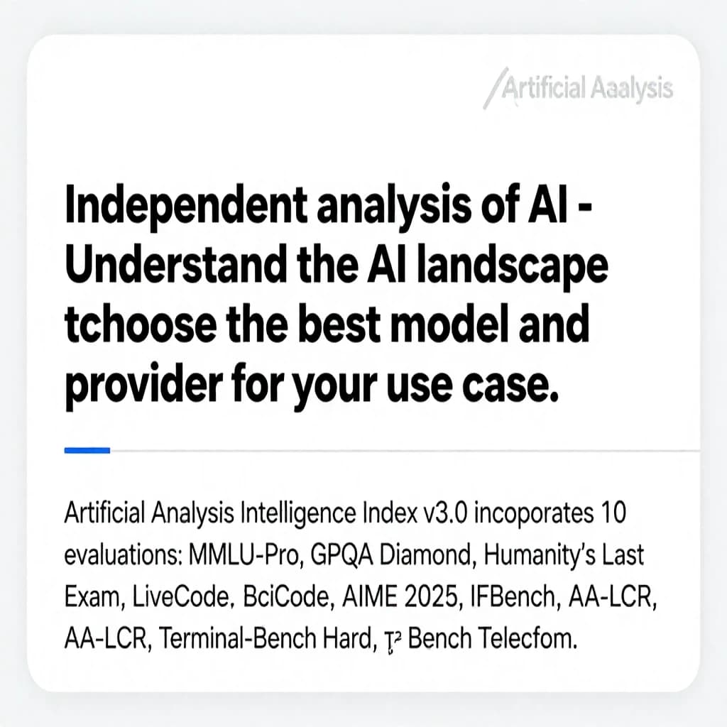 On a white dashboard with thin gray dividers, place a centered header in Helvetica Neue Bold, 20pt: “Independent analysis of AI - Understand the AI landscape to choose the best model and provider for your use case.” Directly beneath, a subheader in smaller Regular weight, 14pt: “Artificial Analysis Intelligence Index v3.0 incorporates 10 evaluations: MMLU-Pro, GPQA Diamond, Humanity's Last Exam, LiveCodeBench, SciCode, AIME 2025, IFBench, AA-LCR, Terminal-Bench Hard, 𝜏²-Bench Telecom.” The header is fully justified but the subheader is left-aligned. In the upper right corner, the Artificial Analysis logo appears watermarked, diagonal, faint gray, partially overlapping the scrollbar.