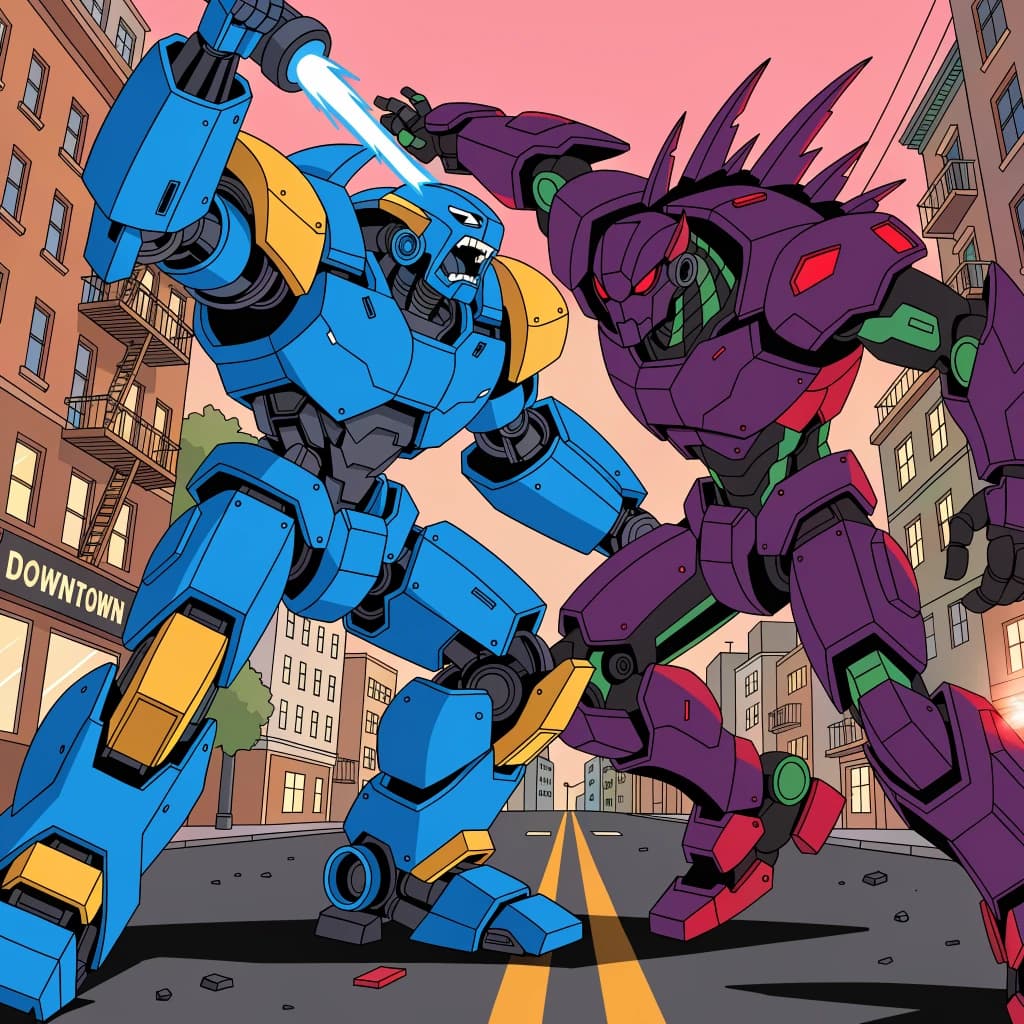 Make a cel-shaded mecha duel at dusk downtown.