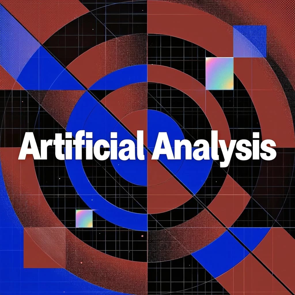 A bold poster composition dominated by flat geometric shapes in crimson, cobalt, and ochre. Overlapping circles and sharp diagonal lines create dynamic tension across the frame. A single sans-serif word — Artificial Analysis — stretches across the center in stark white, distorted slightly as though caught mid-glitch. The background is textured with halftone dots and faint grid lines, while subtle overlays of translucent rectangles suggest depth. Designed in the spirit of modernist Swiss typography fused with digital glitch aesthetics.