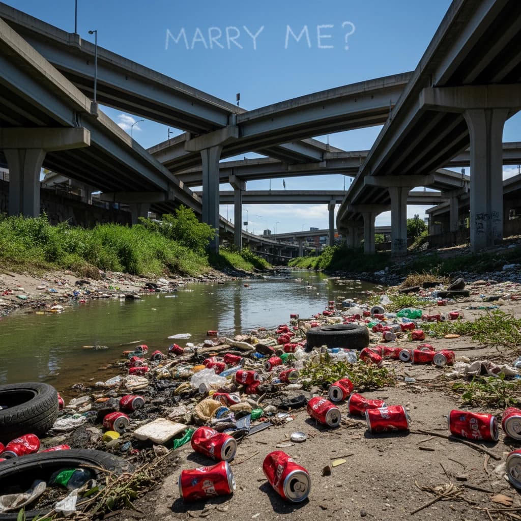 Red soda cans and other garbage sit strewn across the bank of an urban river only a few metres wide. Concrete overpasses criss cross overhead on a bright and sunny day. Fading skywriting proposes marriage