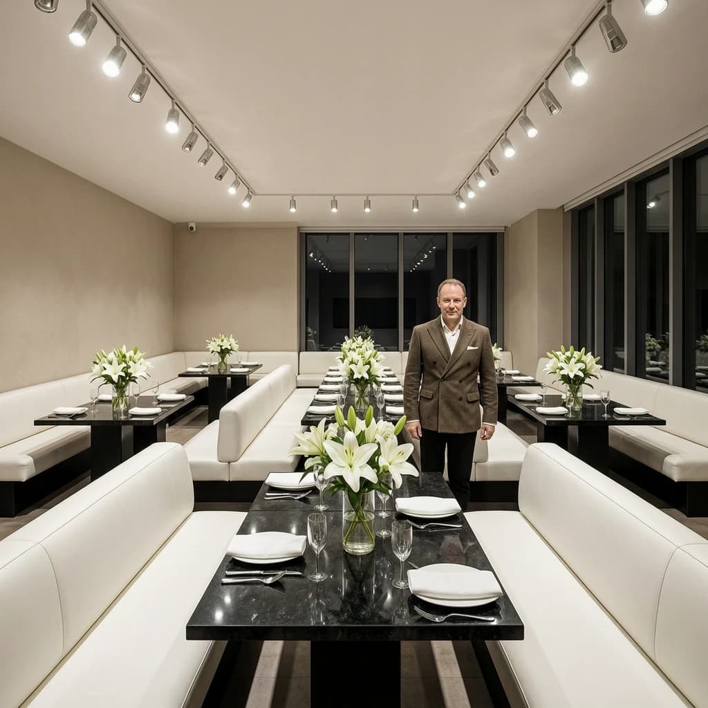 The place is almost empty. The banquettes are covered in white leather, the tables black granite, and the entire room is bathed in halogen track lighting that seems too bright. The maître d’ wears a double-breasted wool crepe jacket. There are lilies on every table.