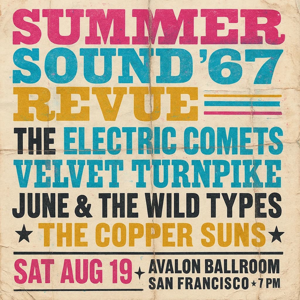 Make a 1960s concert poster featuring bold wood type, misaligned ink, creases.