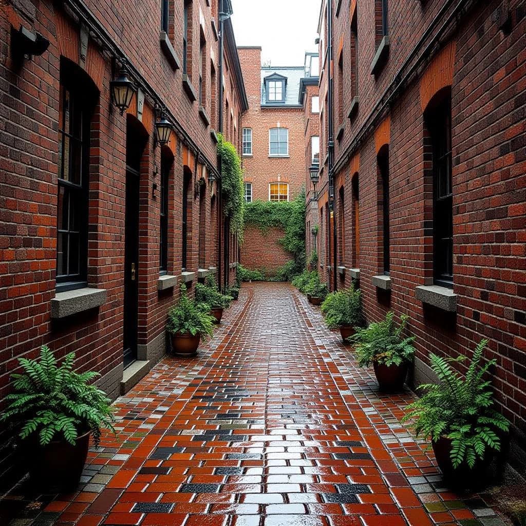 Show a narrow brick alley with wet cobblestones.