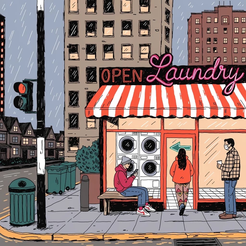 A cozy laundromat at dusk, neon humming, flat colors, bold inked lines.