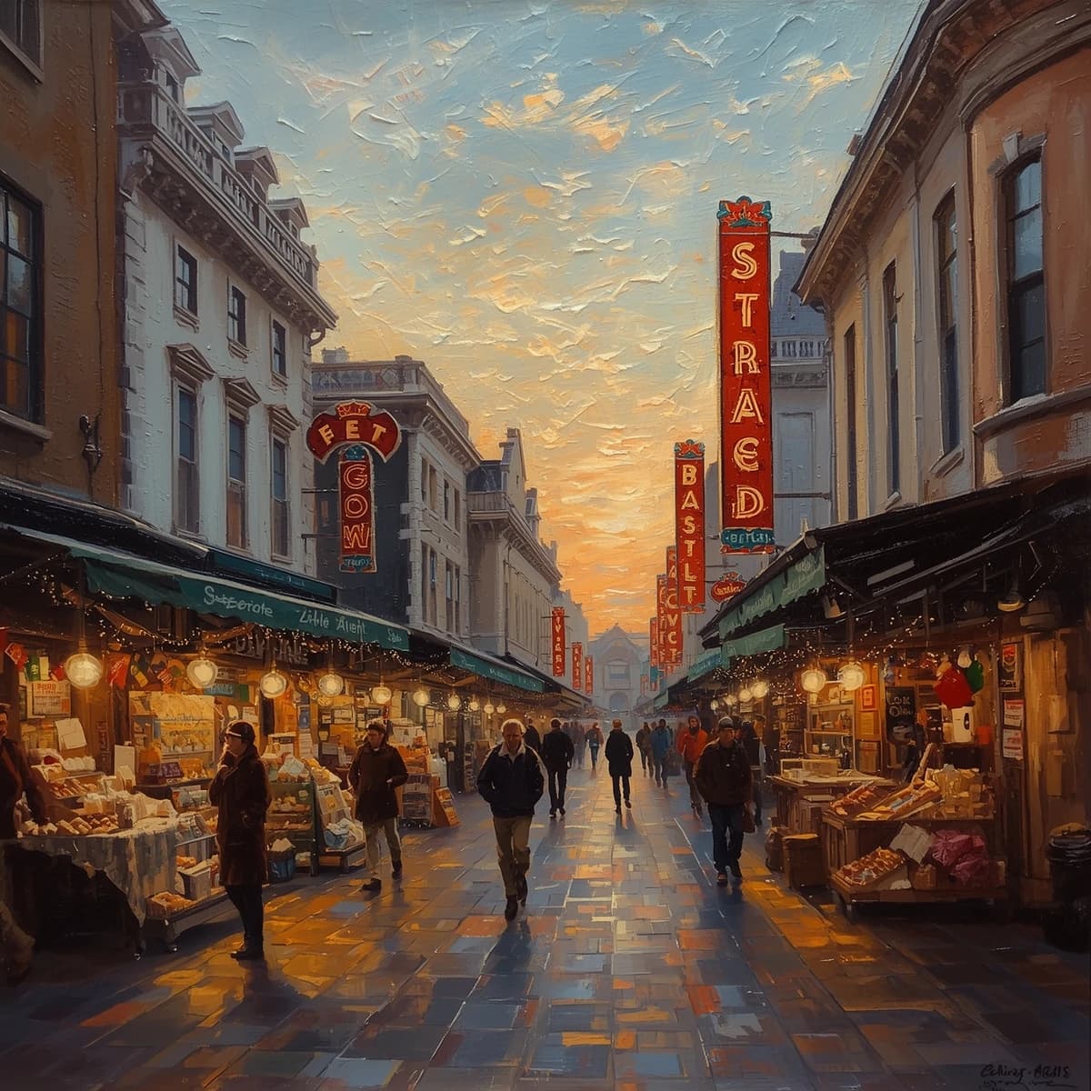 I want an oil painting of a busy market street with gaudy shop signs at dusk.