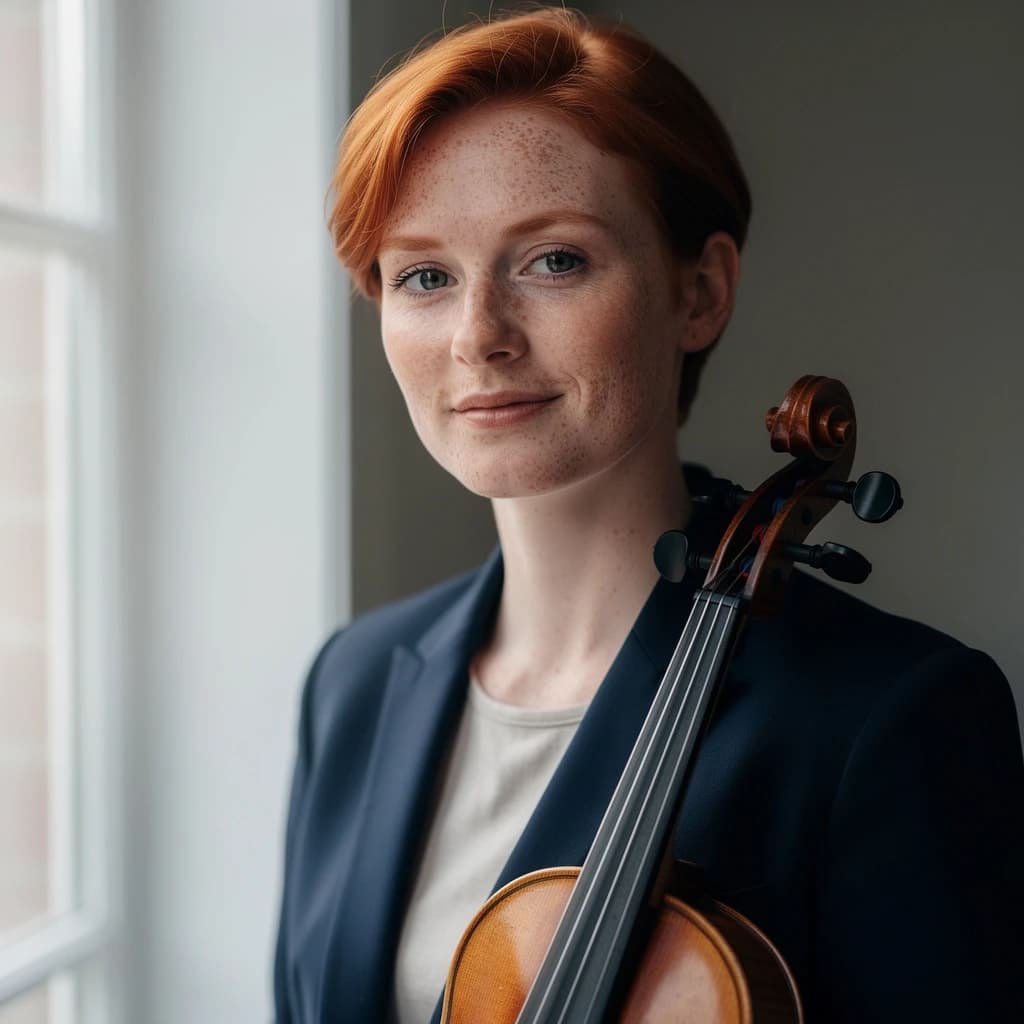 Capture a head-and-shoulders portrait of a freckled red-haired violinist in a navy blazer, soft window light, 85mm at f/1.8, gently smiling yet serious eyes, muted tones.